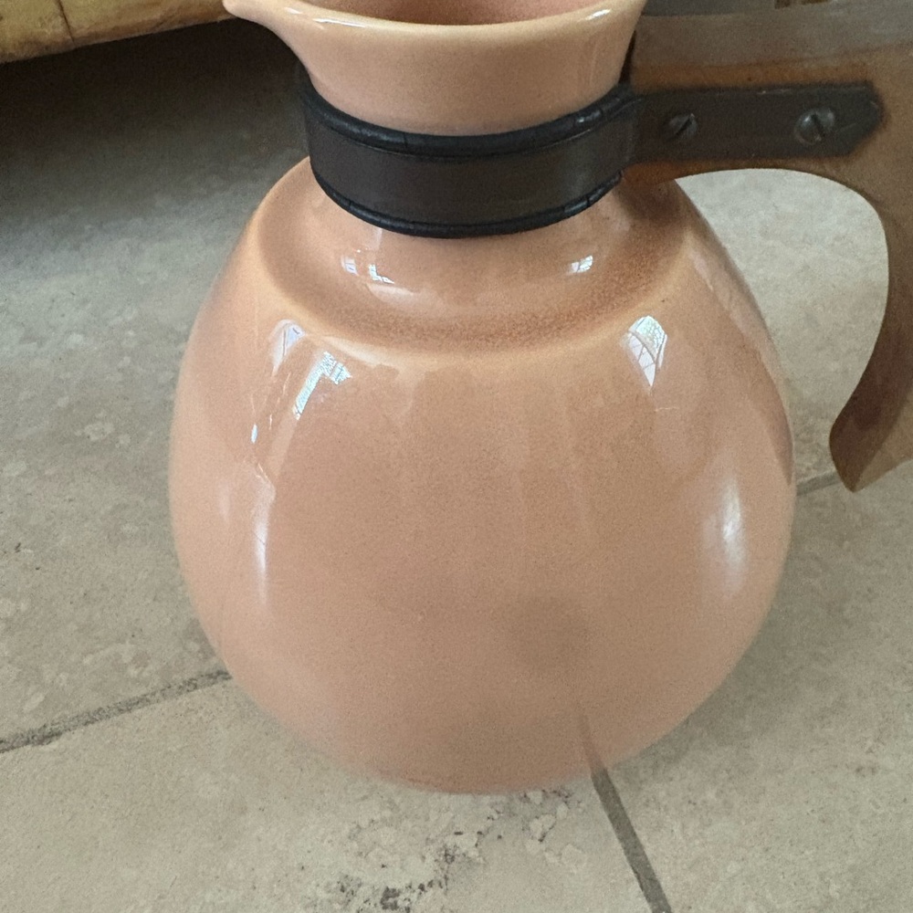 Vintage Ceramic Coffee Carafe Pitcher  Wooden Handle Bauer Unmarked Peach